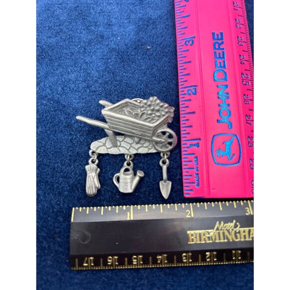 Vintage LCD Pewter Wheelbarrow Brooch Pin With Charms gardening - Picture 3 of 3